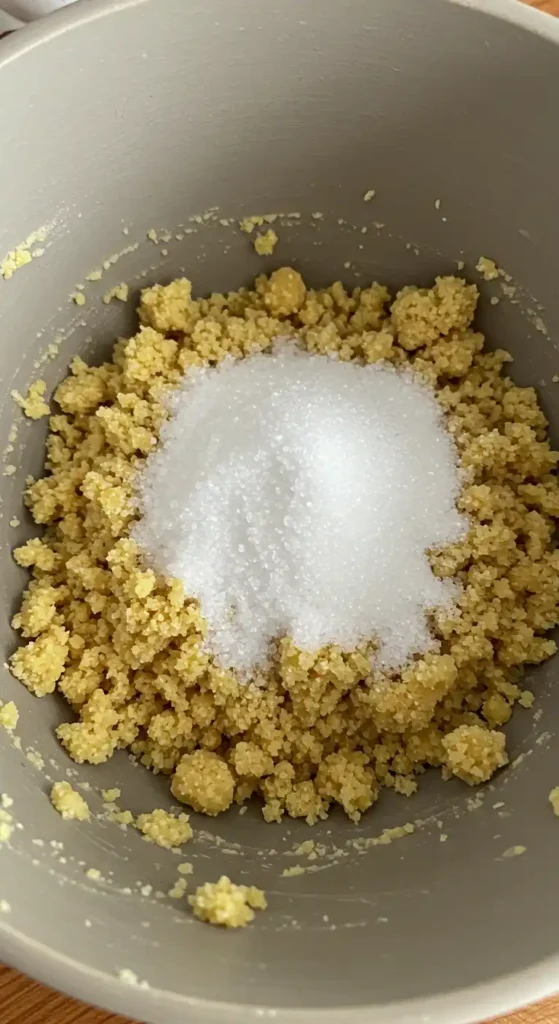 Ingrédients pour un gateau arabe : Un bol présente un mélange de semoule fine et une portion généreuse de sucre, éléments clés de la préparation d'un savoureux gateau arabe.