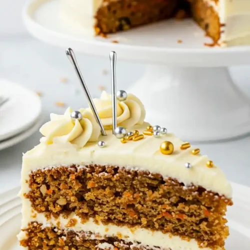 Une part délicieuse d'un gâteau à étages, qui pourrait être un gâteau patate douce, est présentée sur une assiette blanche. Le gâteau est garni d'une crème blanche tourbillonnante et décoré de billes argentées et dorées. Deux pics argentés sont plantés dans la part, ajoutant une touche festive. En arrière-plan, le reste du gâteau trône sur un présentoir.