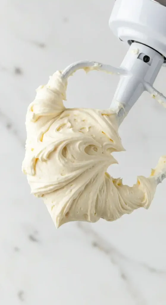 Gros plan d'un batteur électrique recouvert de crème au beurre blanche et onctueuse. La texture de la crème est lisse et aérienne, avec des motifs tourbillonnants créés par le batteur.