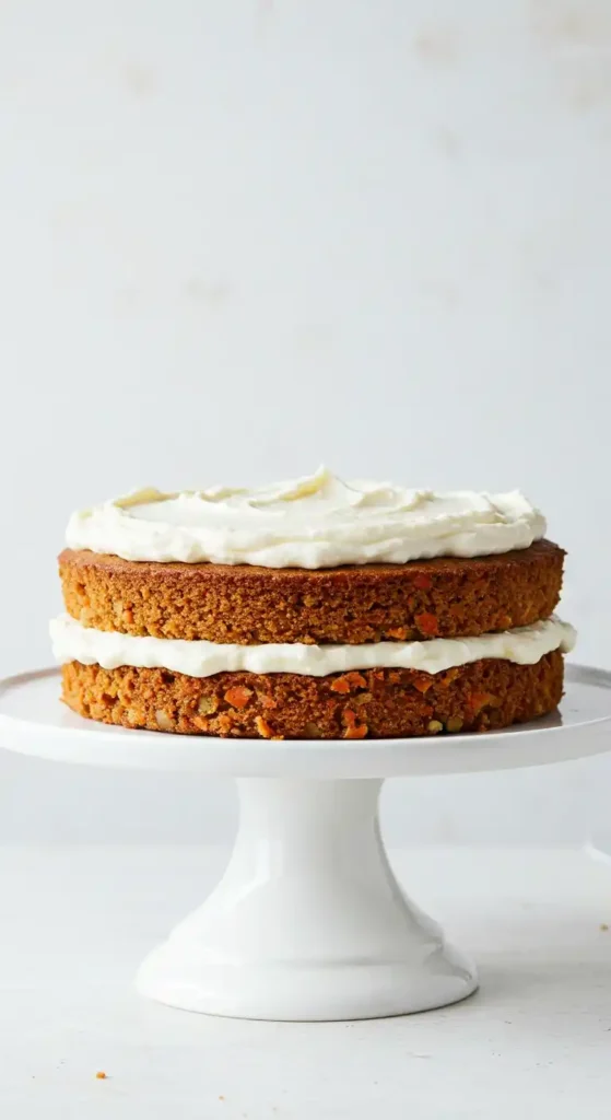 Vue frontale d'un gâteau à deux étages, potentiellement un gâteau patate douce, avec une garniture crémeuse blanche étalée entre les étages et sur le dessus. Le gâteau est posé sur un présentoir à gâteau blanc, sur un fond blanc uni. L'apparence du gâteau est rustique et appétissante.