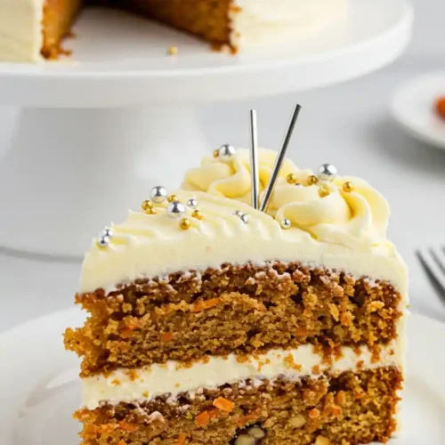 Gros plan d'une part de gâteau moelleux, décorée avec une crème blanche onctueuse et des billes dorées et argentées. Deux pics argentés ajoutent une touche festive. La part est dressée sur une assiette blanche, devant un reste de gâteau possiblement un gâteau patate douce, présenté sur un présentoir.