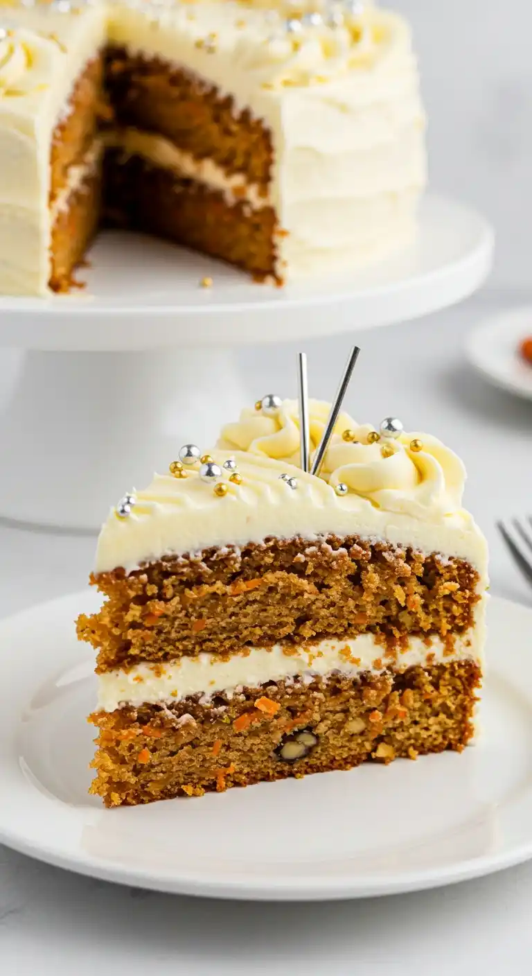 Gros plan d'une part de gâteau moelleux, décorée avec une crème blanche onctueuse et des billes dorées et argentées. Deux pics argentés ajoutent une touche festive. La part est dressée sur une assiette blanche, devant un reste de gâteau possiblement un gâteau patate douce, présenté sur un présentoir.