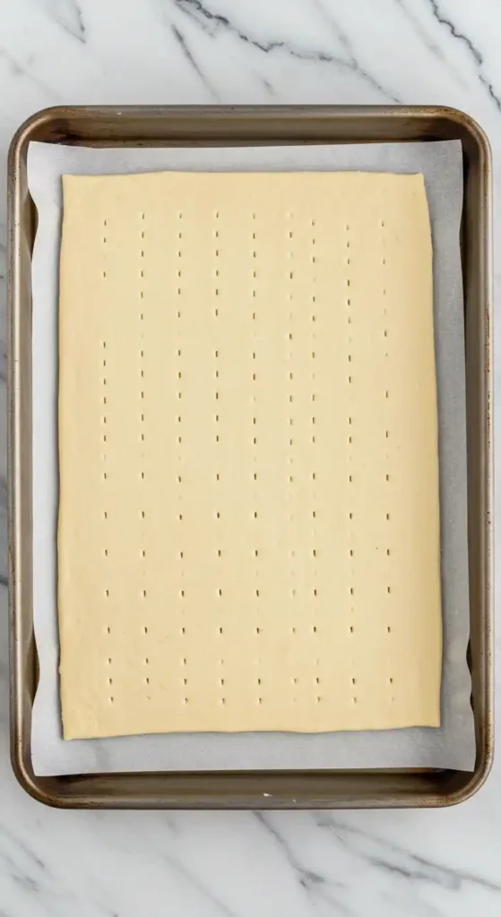 Une plaque de cuisson recouverte de papier sulfurisé sur laquelle repose une abaisse de pâte feuilletée, prête à être cuite. La pâte, uniformément piquée de petits trous, est l'étape initiale d'une recette de millefeuille facile et rapide. Elle promet une base croustillante et légère pour un dessert irrésistible.