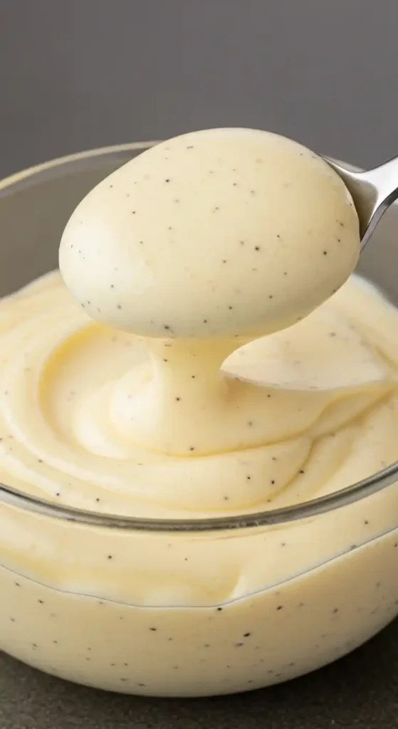 Une cuillère pleine de crème pâtissière à la vanille facile, lisse et onctueuse, dégoulinant lentement dans un bol en verre. Les grains de vanille, bien visibles, témoignent de la qualité et du goût de cette délicieuse crème. Un régal parfait pour garnir vos desserts préférés!