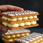 Un délicieux mille-feuille fait maison, tenu à la main, mettant en valeur une recette mille-feuille facile avec pâte feuilletée toute prête. On aperçoit des couches croustillantes de pâte feuilletée, garnies d'une crème pâtissière onctueuse et décorées d'un glaçage blanc élégant avec des motifs au chocolat. Parfait pour un dessert rapide et savoureux.