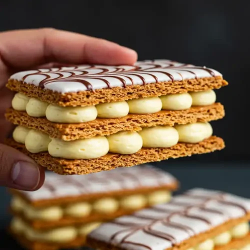 Un délicieux mille-feuille fait maison, tenu à la main, mettant en valeur une recette mille-feuille facile avec pâte feuilletée toute prête. On aperçoit des couches croustillantes de pâte feuilletée, garnies d'une crème pâtissière onctueuse et décorées d'un glaçage blanc élégant avec des motifs au chocolat. Parfait pour un dessert rapide et savoureux.