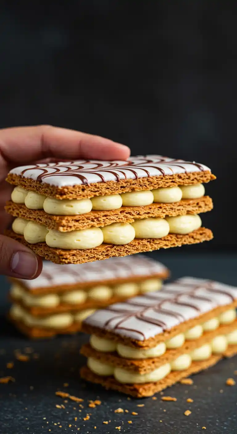 Un délicieux mille-feuille fait maison, tenu à la main, mettant en valeur une recette mille-feuille facile avec pâte feuilletée toute prête. On aperçoit des couches croustillantes de pâte feuilletée, garnies d'une crème pâtissière onctueuse et décorées d'un glaçage blanc élégant avec des motifs au chocolat. Parfait pour un dessert rapide et savoureux.