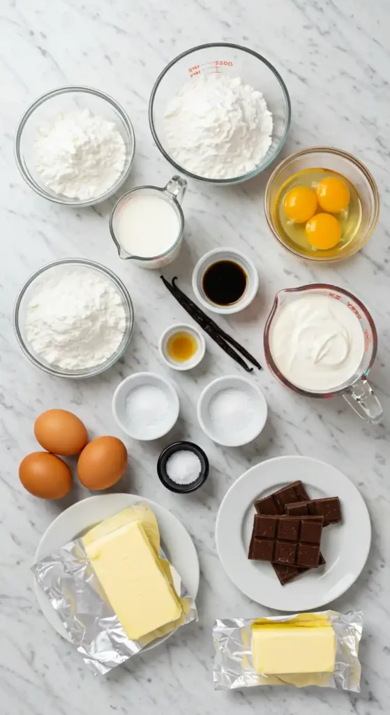 Une vue de dessus soignée de tous les ingrédients nécessaires pour préparer une recette crème pâtissière au chocolat facile. Sont présentés de la farine, des œufs frais, du lait, de la crème, du beurre, du chocolat noir, de la vanille et du sucre, disposés sur un plan de travail en marbre blanc. Tout est prêt pour une délicieuse préparation culinaire!