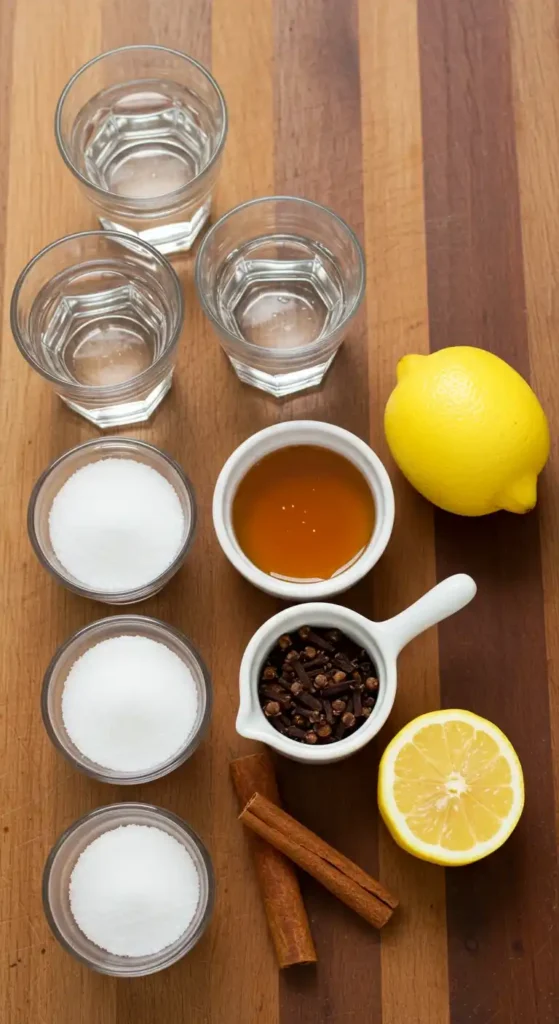 Ingrédients pour le sirop d'une baklava recette traditionnelle grecque : verres d'eau, bols de sucre, miel, clous de girofle, bâtons de cannelle, citron entier et demi-citron.