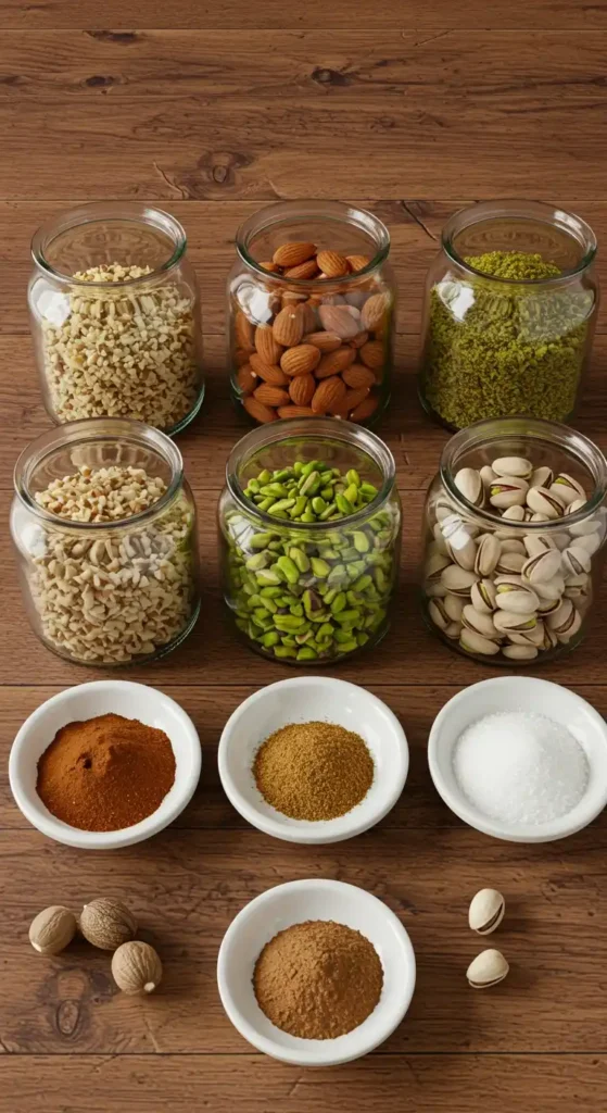 Ingrédients pour une baklava recette traditionnelle grecque : noix hachées, amandes entières, pistaches moulues, pistaches vertes, pistaches entières dans des bocaux en verre. Petits bols de poudre de cannelle, épices, sucre et quelques noix de muscade