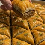 Un plateau de baklava recette traditionnelle grecque, découpée en triangles brillants et garnis de pistaches hachées. Une main soulève une part pour montrer les couches de pâte phyllo et la garniture de noix.