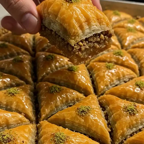 Un plateau de baklava recette traditionnelle grecque, découpée en triangles brillants et garnis de pistaches hachées. Une main soulève une part pour montrer les couches de pâte phyllo et la garniture de noix.