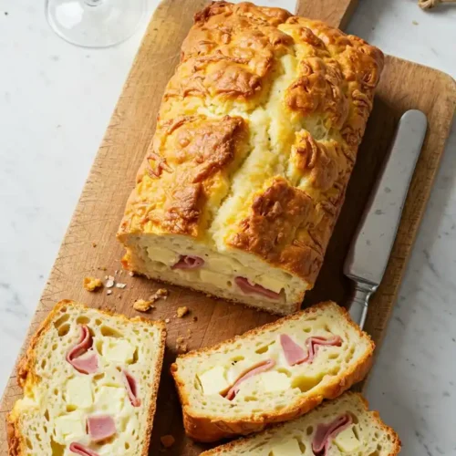 Un délicieux cake salé moelleux, à la croûte dorée, fourré au jambon et au fromage. Idéal pour un apéritif ou un brunch.
