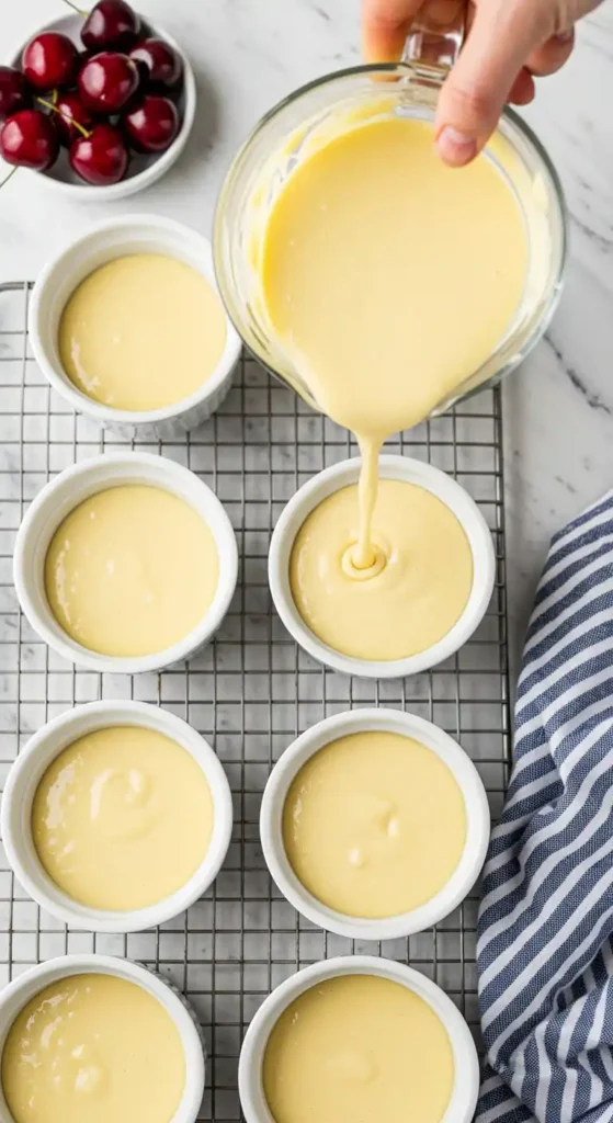 Un plan rapproché montre une personne versant délicatement une pâte jaune dans des ramequins blancs disposés sur une grille, avec des cerises fraîches à proximité, préparant les portions individuelles d'un délicieux dessert cerise.