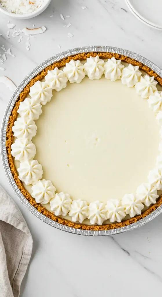 Vue de dessus d'un délicieux cheesecake à la noix de coco, décoré de crème fouettée, préparé selon une recette cheesecake léger comme un nuage.