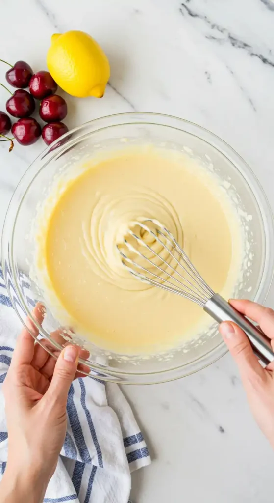 Préparation d'un dessert cerise : un batteur en métal mélange une pâte jaune crémeuse dans un saladier en verre, avec des cerises fraîches et un citron jaune à proximité, le tout reposant sur un linge à rayures bleues et blanches sur une surface en marbre.