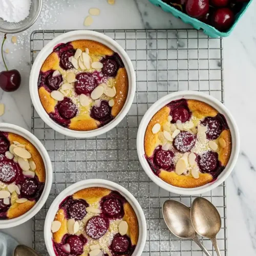 Vue de dessus de plusieurs ramequins de dessert cerise cuits, garnis d'amandes effilées et de sucre glace, disposés sur une grille avec des cerises fraîches, des amandes supplémentaires, du sucre glace et des cuillères vintage à proximité, évoquant une ambiance gourmande et raffinée.