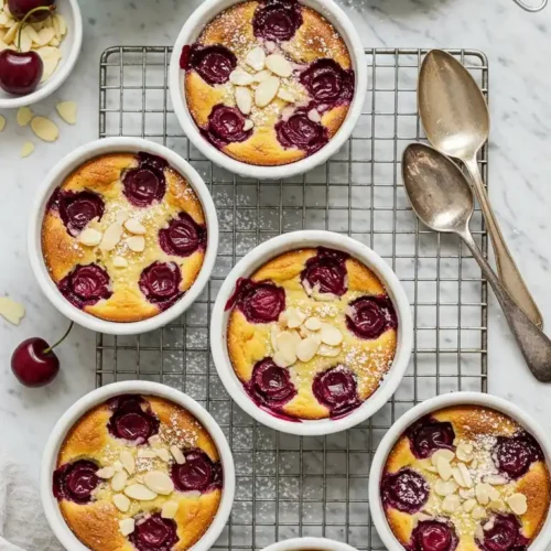 Présentation artistique de ramequins de dessert cerise, saupoudrés d'amandes effilées et de sucre glace, sur une grille, avec des cerises fraîches, des amandes, un tamis à sucre glace et des cuillères argentées, capturant l'essence d'une pâtisserie maison élégante.