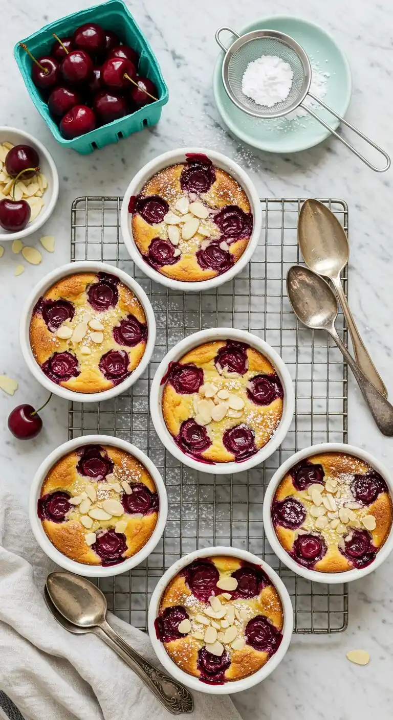 Présentation artistique de ramequins de dessert cerise, saupoudrés d'amandes effilées et de sucre glace, sur une grille, avec des cerises fraîches, des amandes, un tamis à sucre glace et des cuillères argentées, capturant l'essence d'une pâtisserie maison élégante.