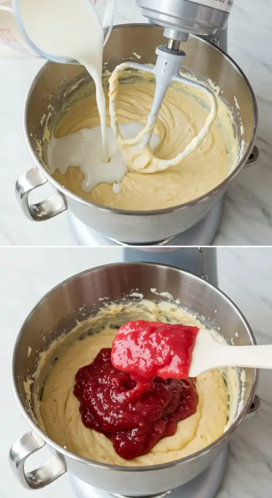 Deux étapes finales de la préparation d'un gâteau aux fraises sont présentées. En haut, du lait ou de la crème est versé dans une pâte à gâteau en utilisant un robot pâtissier pour une consistance parfaite. En bas, une généreuse quantité de fraises, probablement une compote, est ajoutée à la pâte, promettant un gâteau aux fraises moelleux et riche en saveur de fraises.