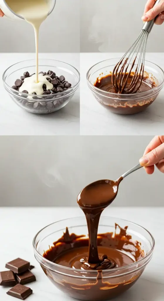 Préparation de la ganache pour un gâteau sans beurre au chocolat : étapes de fonte du chocolat avec de la crème chaude et mélange pour obtenir une texture lisse et brillante.