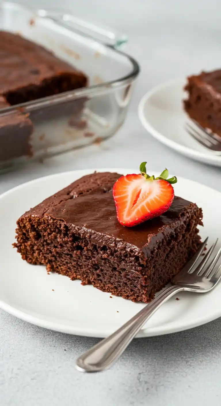 Un délicieux morceau de gâteau sans beurre au chocolat, nappé d'une ganache brillante et garni d'une fraise fraîche, prêt à être dégusté.