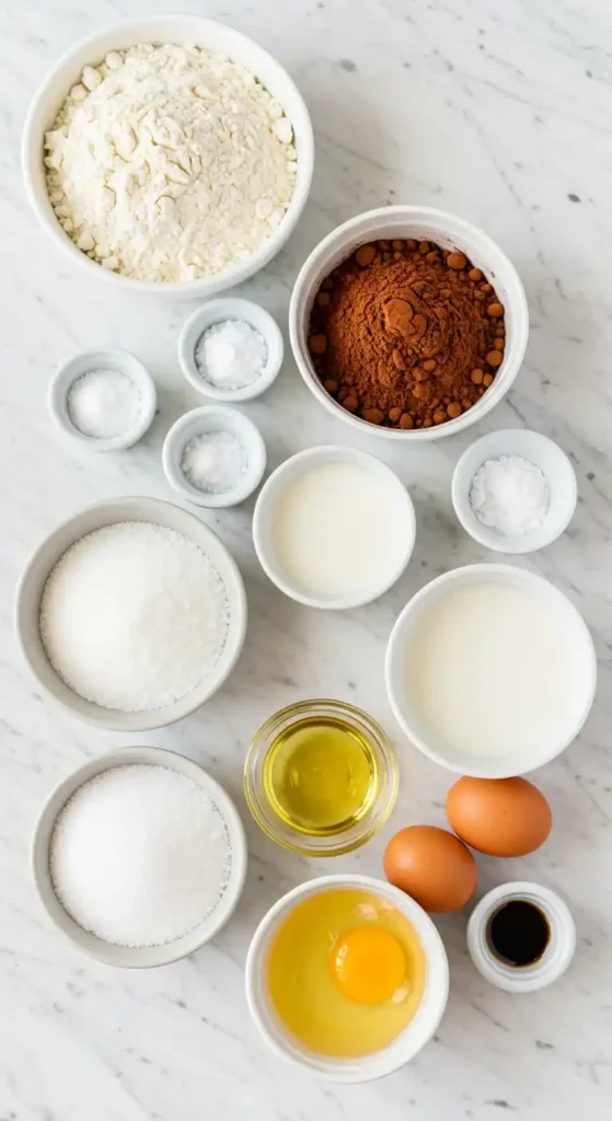 Ingrédients disposés pour la préparation d'un gâteau sans beurre au chocolat : farine, cacao en poudre, différents types de sucre, lait, huile, œufs et extrait de vanille.