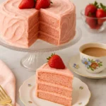 Un appétissant gâteau aux fraises à trois étages, recouvert d'un glaçage rose crémeux, est présenté sur un présentoir à gâteau et sur une assiette individuelle. Des fraises fraîches ornent le dessus du gâteau et la tranche, tandis qu'une tasse de thé délicatement décorée et un bol rempli de fraises complètent cette scène gourmande, parfaite pour une dégustation raffinée de gâteau aux fraises.