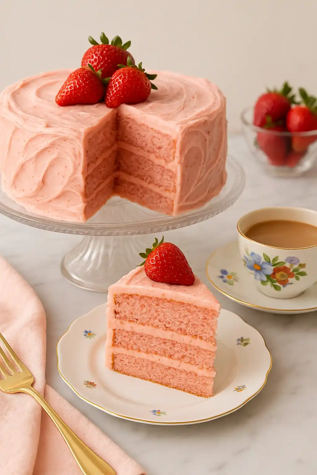 Un appétissant gâteau aux fraises à trois étages, recouvert d'un glaçage rose crémeux, est présenté sur un présentoir à gâteau et sur une assiette individuelle. Des fraises fraîches ornent le dessus du gâteau et la tranche, tandis qu'une tasse de thé délicatement décorée et un bol rempli de fraises complètent cette scène gourmande, parfaite pour une dégustation raffinée de gâteau aux fraises.