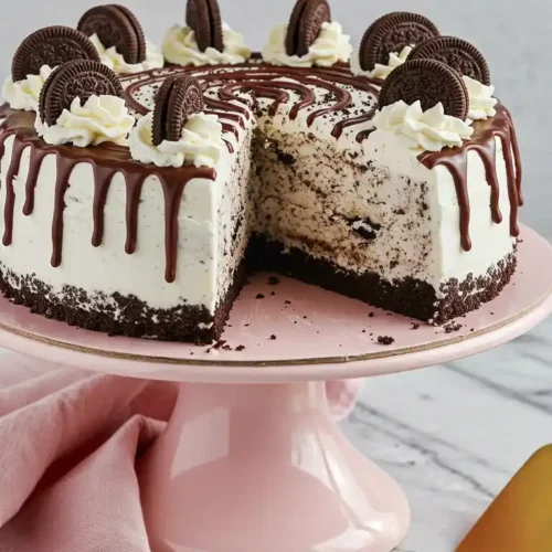 Un appétissant gâteau glacé aux Oreo, tranché et présenté sur un élégant présentoir rose, avec un glaçage au chocolat dégoulinant, des volutes de crème et des biscuits Oreo entiers, sur fond de marbre.