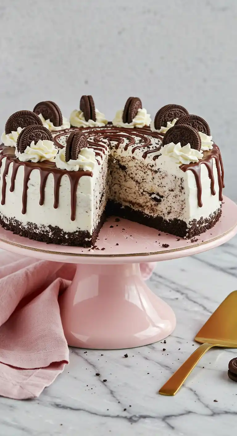 Un appétissant gâteau glacé aux Oreo, tranché et présenté sur un élégant présentoir rose, avec un glaçage au chocolat dégoulinant, des volutes de crème et des biscuits Oreo entiers, sur fond de marbre.