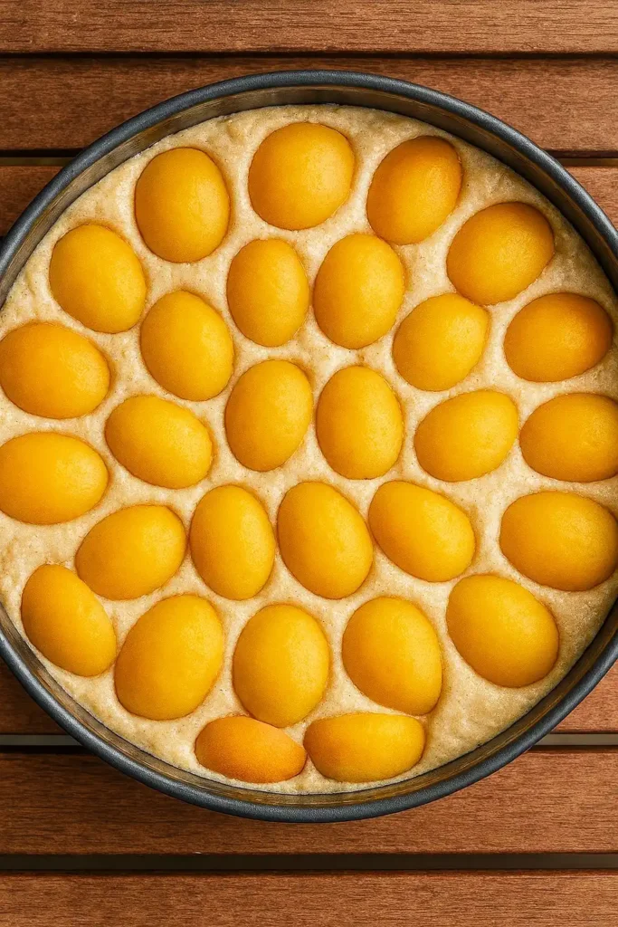 Vue de dessus d'un gateau abricot frais fait maison dans un moule rond. Le gâteau est garni d'abricots coupés en deux, créant un motif attrayant sur la pâte dorée.