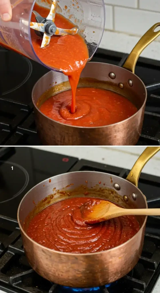 Deux images illustrent la préparation d'une sauce à la fraise, un élément essentiel pour un gâteau aux fraises original. La première image montre une sauce rouge vif à la fraise, versée d'un mixeur dans une casserole sur une cuisinière. La seconde image montre la même sauce, légèrement plus foncée, en train de mijoter doucement et d'être remuée avec une cuillère en bois. La couleur intense de la sauce à la fraise promet une concentration de saveurs qui rehaussera le gâteau aux fraises