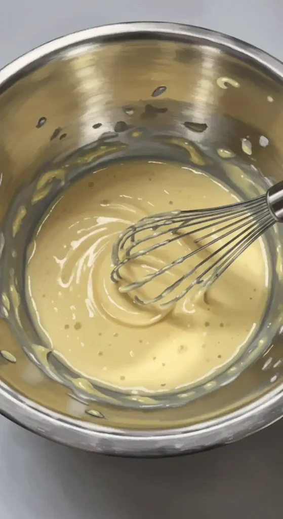 Dans un saladier en inox, une pâte jaune crémeuse est fouettée avec un fouet métallique, prête à être incorporée aux pommes pour un gâteau moelleux aux pommes de ma grand-mère inoubliable.