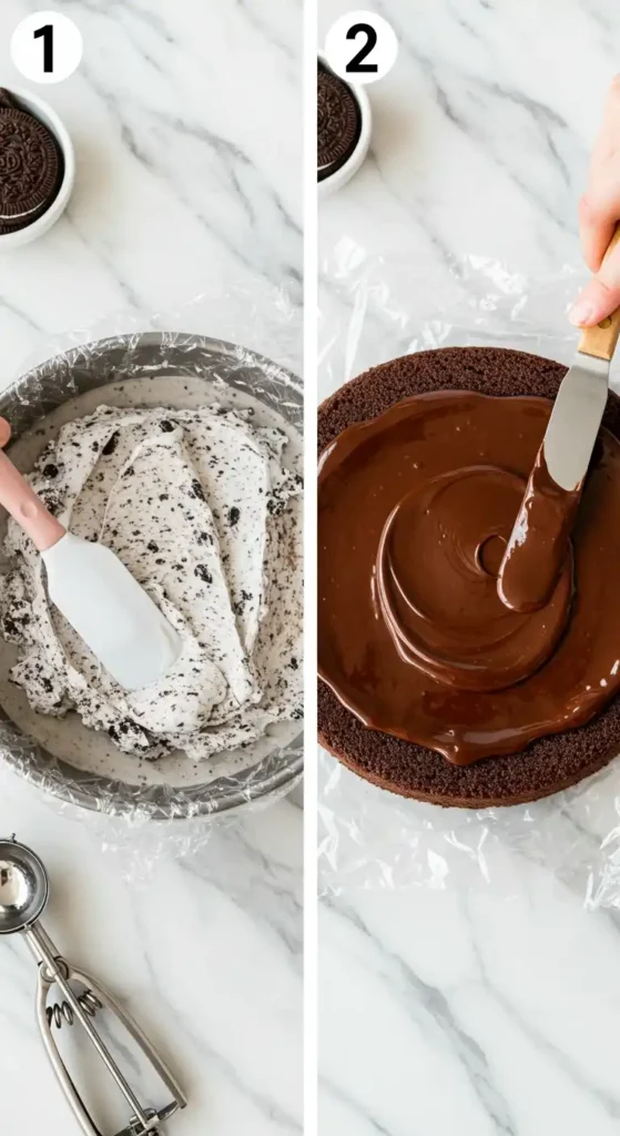 Image divisée en deux montrant les étapes de préparation d'un gâteau glacé. À gauche, un moule est tapissé de glace aux biscuits Oreo et une spatule étale la glace. À droite, une personne étale une ganache au chocolat sur une génoise au chocolat à l'aide d'une spatule.