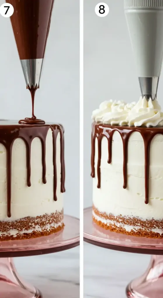Image divisée en deux montrant la décoration d'un gâteau glacé. À gauche, une poche à douille applique un glaçage au chocolat dégoulinant sur le gâteau. À droite, une poche à douille décore le dessus du gâteau avec des volutes de crème fouettée.