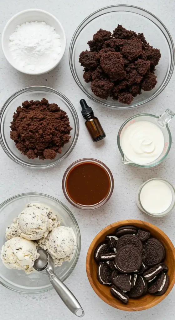 Vue de dessus d'ingrédients disposés pour préparer un gâteau glacé : boules de glace à la vanille avec morceaux de biscuits, biscuits Oreo coupés en deux dans un bol en bois, miettes de gâteau au chocolat dans des bols en verre, sauce au chocolat, crème épaisse, lait et un petit flacon compte-gouttes.
