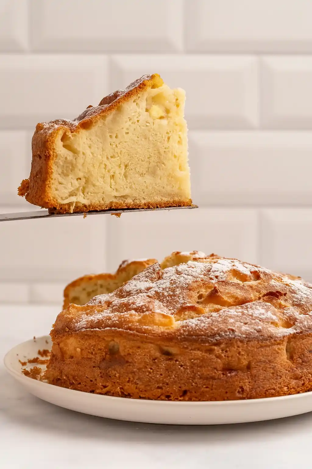Une tranche du gâteau moelleux aux pommes de ma grand-mère est délicatement soulevée avec une spatule, révélant sa texture aérée et son parfum irrésistible, tandis que le reste du gâteau repose sur une assiette, prêt à être dégusté.
