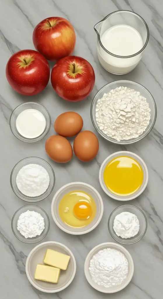 Ingrédients disposés sur un plan de travail en marbre : pommes rouges brillantes, lait crémeux, œufs frais, farine, sucre, beurre et un œuf cassé, tous prêts pour préparer un délicieux gâteau moelleux aux pommes de ma grand-mère.