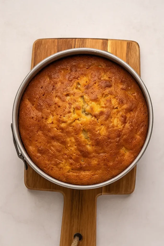 Un gâteau doré, tout juste sorti du four, repose dans son moule sur une planche en bois rustique, un hommage parfait au gâteau moelleux aux pommes de ma grand-mère.
