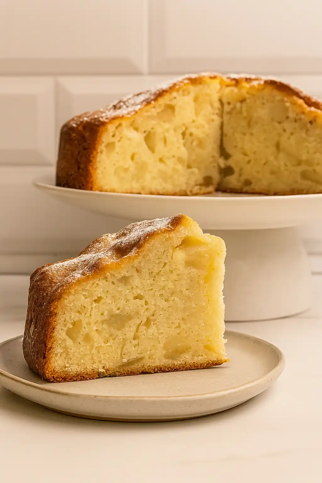 Une part moelleuse de gâteau aux pommes, saupoudrée de sucre glace, est présentée sur une assiette, avec le reste du gâteau en arrière-plan, évoquant les souvenirs du gâteau moelleux aux pommes de ma grand-mère.