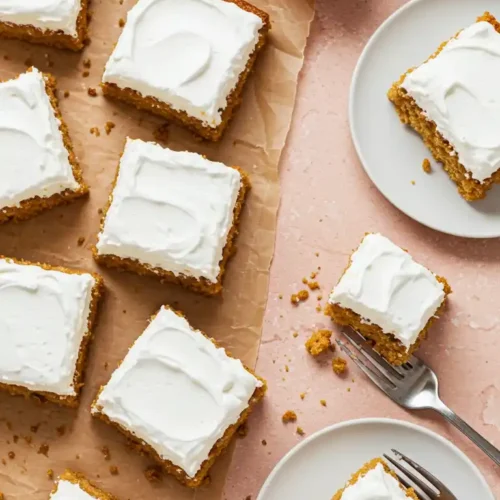 Vue de dessus appétissante d'un Gâteau nuage aux pommes coupé en carrés, chacun coiffé d'un glaçage blanc crémeux. Disposés sur du papier sulfurisé et des assiettes, avec des pommes fraîches en arrière-plan, ils invitent à une dégustation gourmande et automnale. Une fourchette s'apprête à piquer un morceau, promettant une bouchée savoureuse.