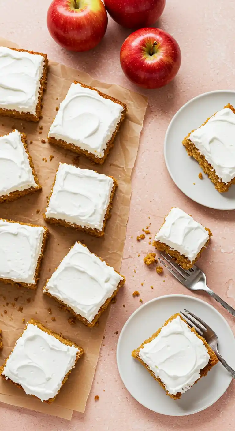 Vue de dessus appétissante d'un Gâteau nuage aux pommes coupé en carrés, chacun coiffé d'un glaçage blanc crémeux. Disposés sur du papier sulfurisé et des assiettes, avec des pommes fraîches en arrière-plan, ils invitent à une dégustation gourmande et automnale. Une fourchette s'apprête à piquer un morceau, promettant une bouchée savoureuse.