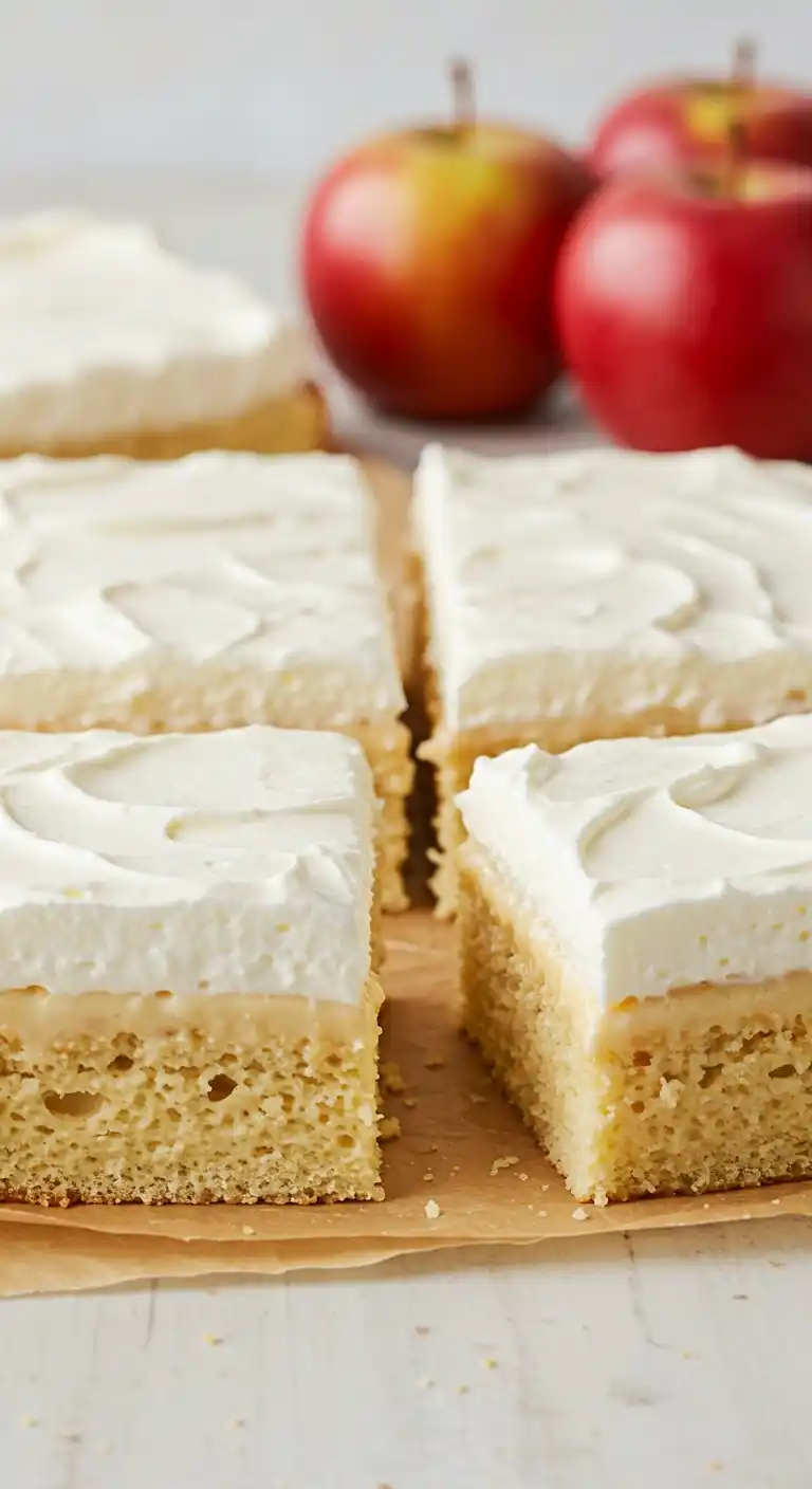 Gros plan savoureux de carrés de Gâteau nuage aux pommes, chacun recouvert d'une épaisse couche de glaçage blanc crémeux. La texture moelleuse de la mie est visible, et des pommes fraîches, rouges et appétissantes, trônent en arrière-plan, promettant une saveur fruitée et automnale. Parfait pour une pause gourmande !