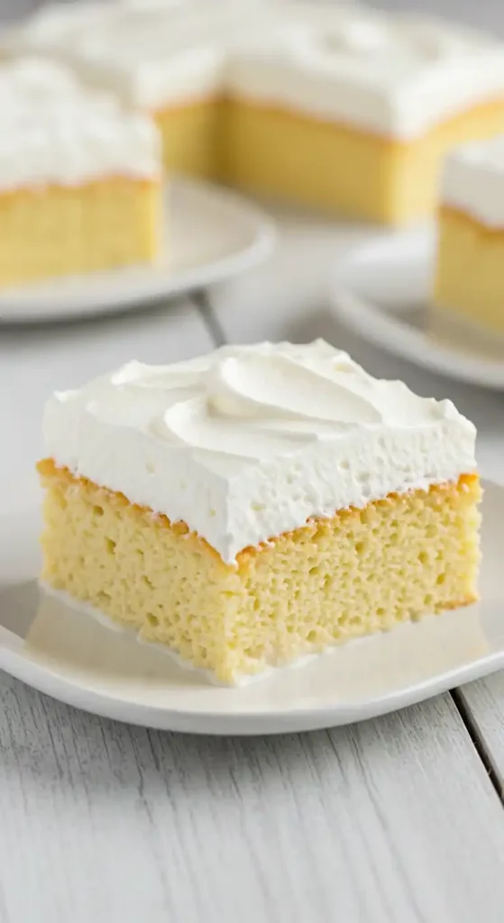 Une part individuelle de gâteau nuage sans sucre sur une assiette blanche. Le gâteau a une texture aérée et est généreusement garni de crème fouettée. D'autres parts de gâteau sont visibles à l'arrière-plan, disposées sur des assiettes identiques.