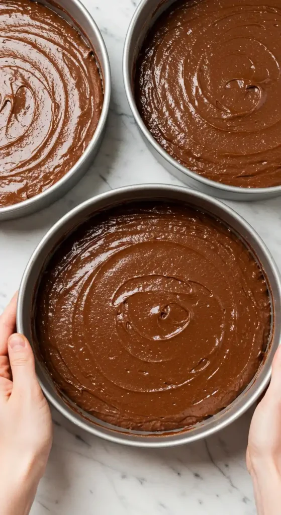 Trois moules ronds remplis de pâte à gâteau sans beurre au chocolat, prêts à être enfournés pour une cuisson uniforme.