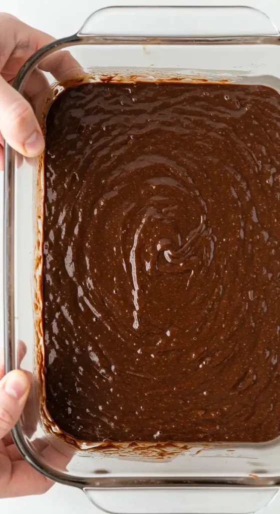 La pâte du gâteau sans beurre au chocolat est versée dans un plat de cuisson en verre, prête à être enfournée.