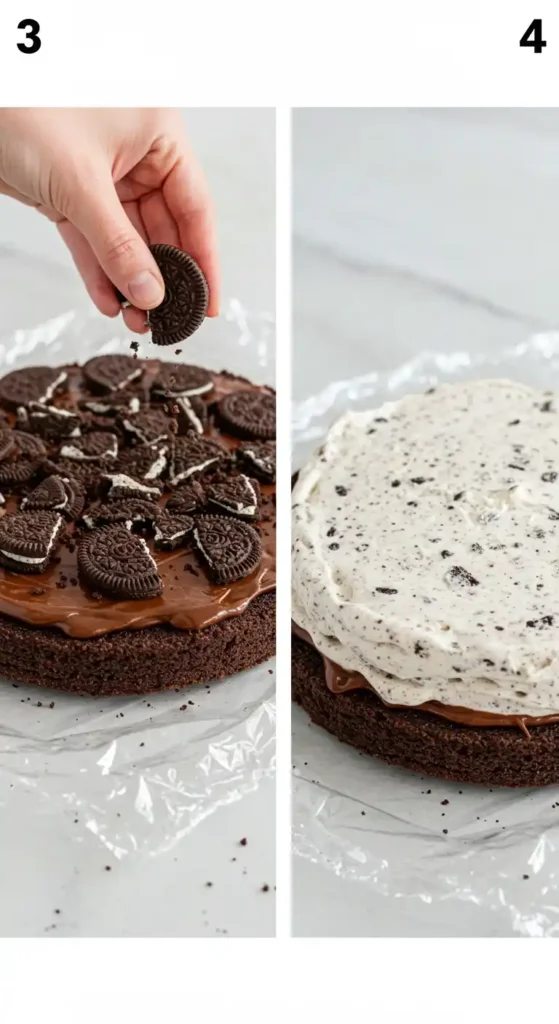Image divisée en deux montrant les étapes finales de préparation d'un gâteau glacé. À gauche, une main ajoute des morceaux de biscuits Oreo sur une ganache au chocolat. À droite, le gâteau est recouvert d'une couche de glace aux biscuits Oreo.