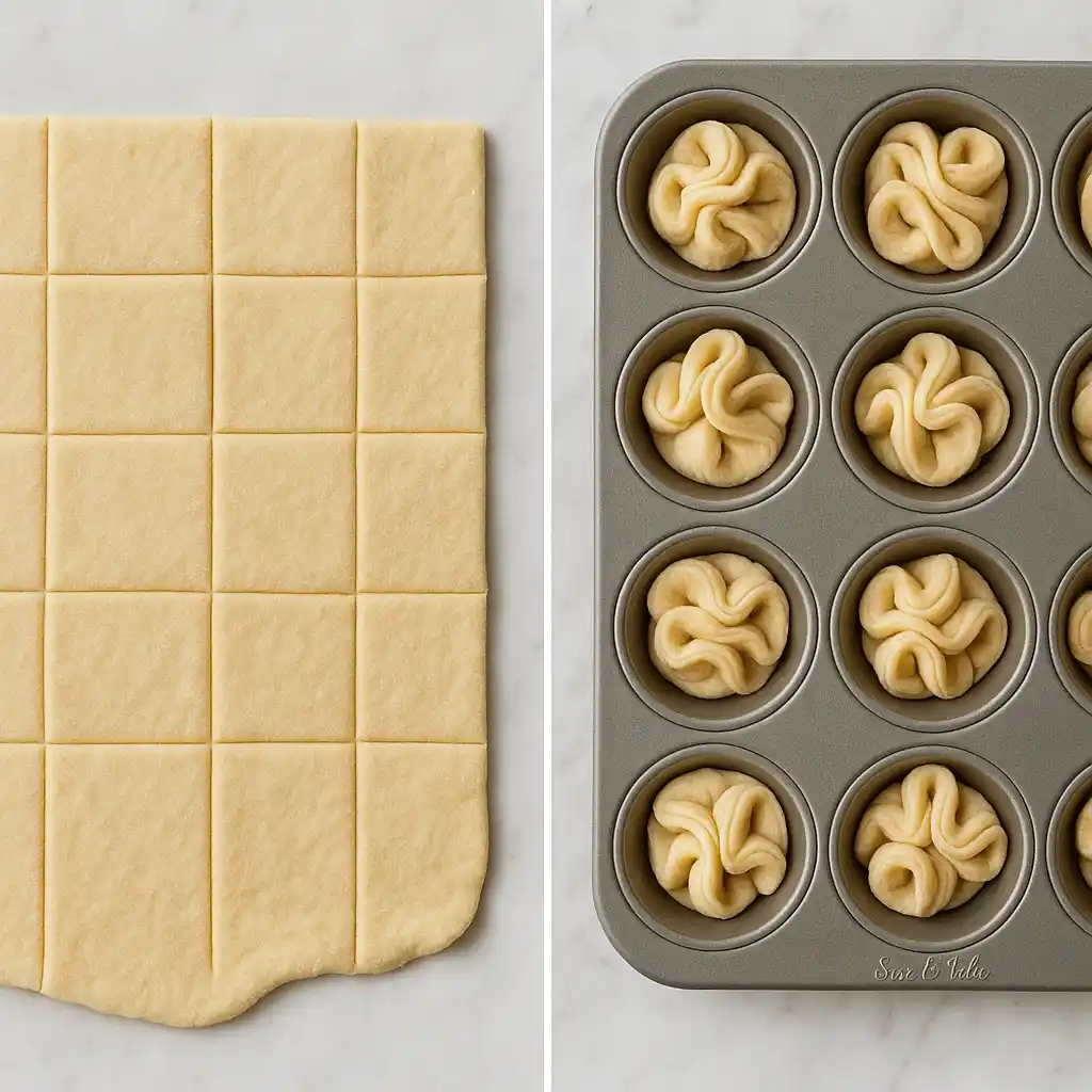 Deux images montrent la préparation de kouign amann individuels : à gauche, une pâte feuilletée coupée en carrés réguliers ; à droite, ces carrés de pâte, délicatement placés et pliés dans un moule à muffins, prêts à être enfournés pour créer de succulents petits kouign amann.