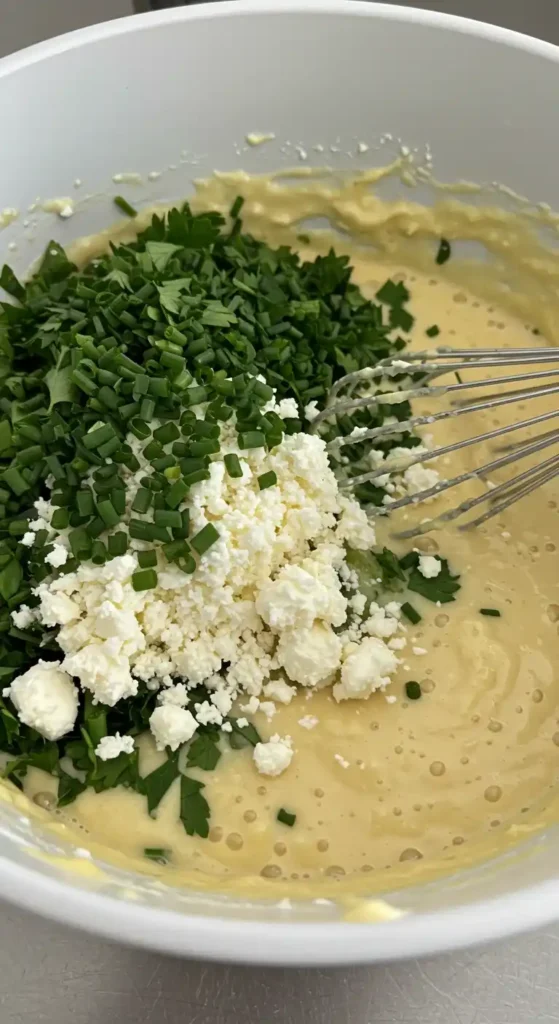 Préparation des muffins feta : ajout de feta et d'herbes fraîches à la pâte.